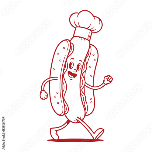 Cartoon Hot Dog Character Wearing a Chef Hat and Walking hot dog, cartoon, character