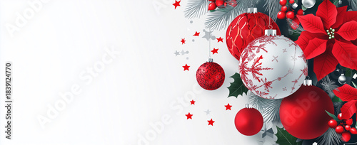 Red and white Christmas ornaments with poinsettias