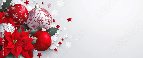 Red and white Christmas ornaments with poinsettias