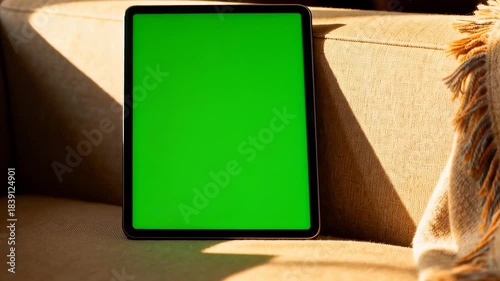 Sunlit tablet with green screen on a cozy couch for mockup or presentation
