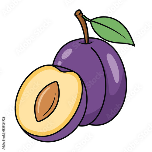 Cartoon illustration of a plum and a half plum fruit