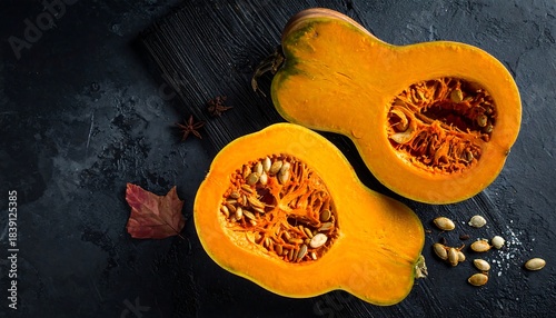 Two halved butternut squashes on a dark board, revealing the seeds and pulp, with spices and a leaf
