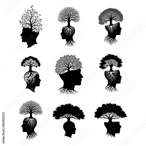 Set of Surreal Human Head Silhouettes with Tree of Life Illustrations