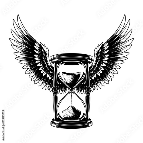 Winged Hourglass. Time flies concept with bird wings. Vintage engraving style vector illustration.