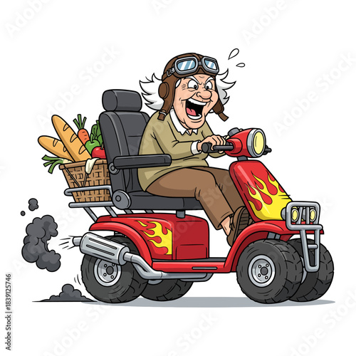 Crazy Grandma on Speeding Mobility Scooter. Funny senior woman driving fast electric vehicle with flames and groceries. Cartoon vector illustration.