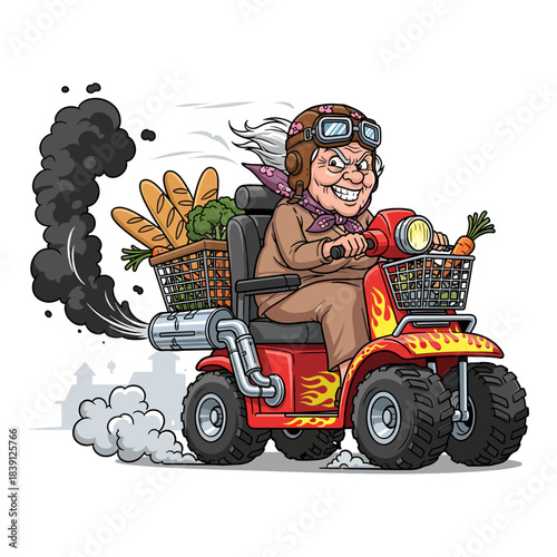 Turbo Granny on Mobility Scooter. Funny senior woman racing with heavy exhaust smoke and groceries. Cartoon vector illustration.