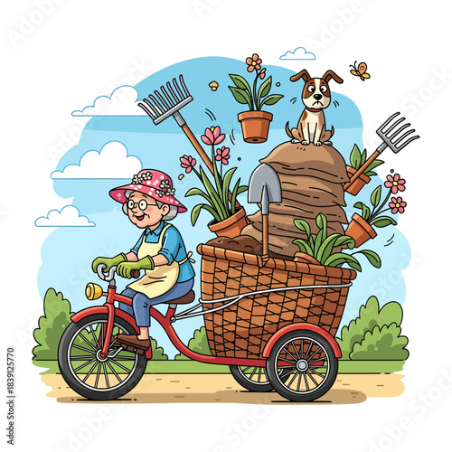 Happy Grandmother Gardener. Senior woman riding tricycle with gardening tools, plants and dog. Cartoon vector illustration.