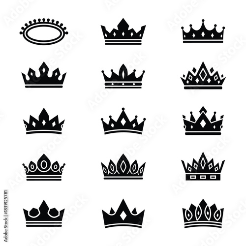 Collection of Royal Crown Icons in Black Silhouette