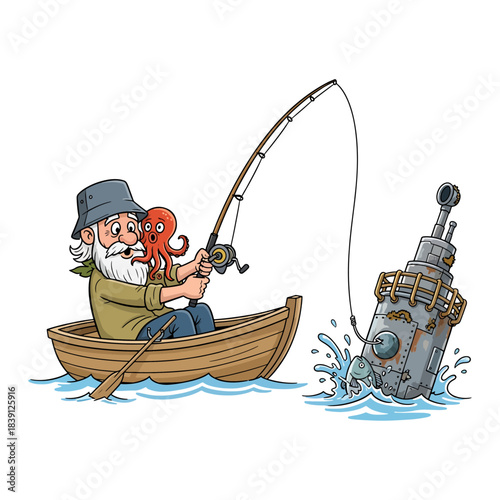 Funny Fisherman Catching Submarine Periscope. Senior man in boat hooking a mechanical robot object instead of fish. Cartoon vector illustration.
