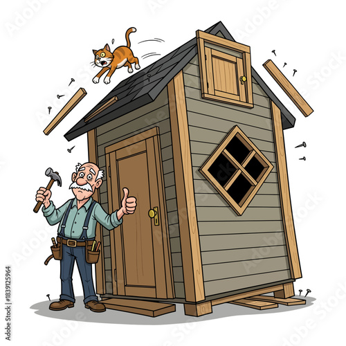 Funny Senior Handyman with Collapsing Shed. Worried grandpa holding hammer next to crooked wooden house and scared cat. Cartoon vector illustration.