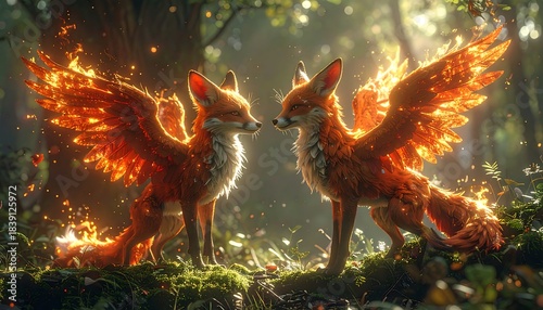 Two winged foxes with fiery orange wings facing each other in a bright forest filled with soft light