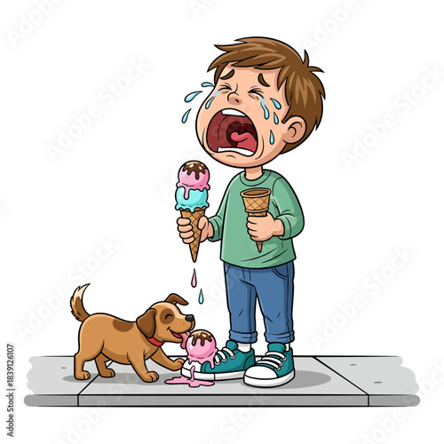 Funny Crying Boy Dropped Ice Cream and Happy Dog. Sad kid weeping over spilled dessert while puppy eats it. Cartoon vector illustration.
