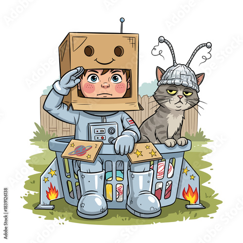 Funny Boy and Grumpy Cat Playing Astronauts in Laundry Basket Rocket. Kid with cardboard box helmet saluting. Cartoon vector illustration.