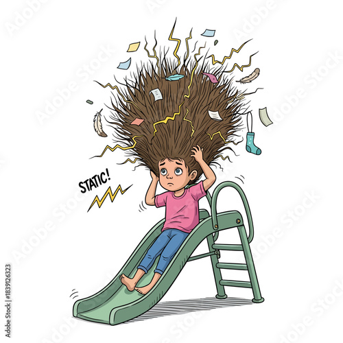 Funny Little Girl with Static Hair on Slide. Cute child sliding with frizzy hair standing up due to electricity. Cartoon vector illustration.
