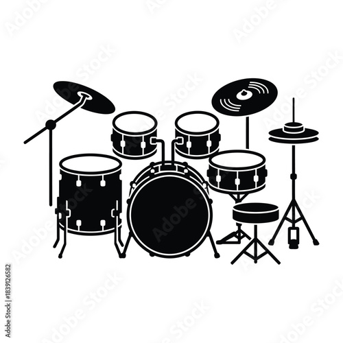 Silhouette of a drum kit with cymbals and stool drums