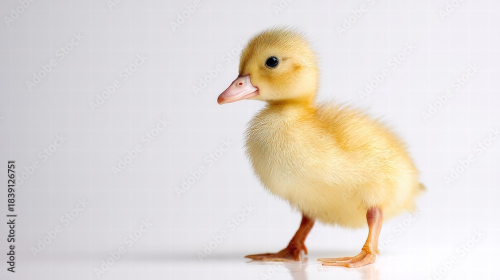 Fototapeta premium Cute Yellow Duckling Stand Alone On White Background Studio Portrait Close-Up, Adorable Baby Bird