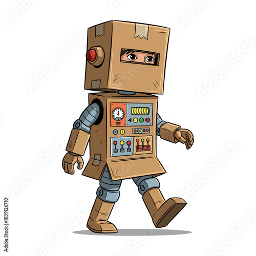 Cute Cartoon Kid Walking in a Homemade Cardboard Box Robot Costume with Buttons and Antenna