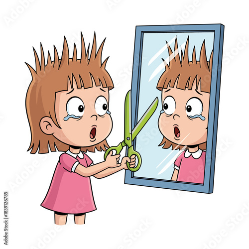 Funny Cartoon Little Girl Crying After Cutting Her Own Hair with Scissors in Front of a Mirror