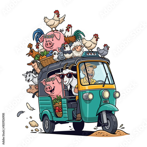 Funny Cartoon Auto Rickshaw Driver Transporting an Overloaded Crowd of Happy Farm Animals