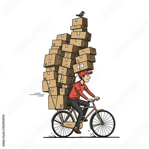 Funny Cartoon Delivery Man Riding a Bicycle with a Huge Stack of Cardboard Boxes and a Bird on Top