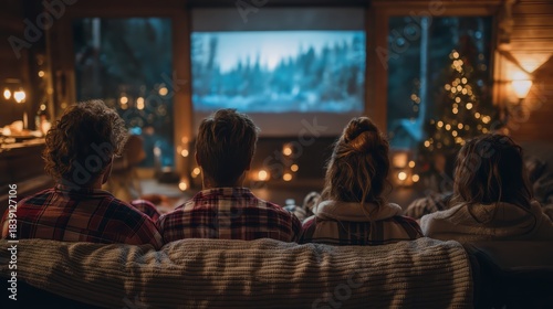 A group of friends wearing matching buffalo plaid pajamas relax together on a sofa in a warm living room as a holiday movie plays. Seasonal comfort, shared downtime, and easy togetherness.