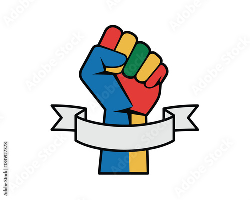 Multi colored fist raised with blank banner power strength