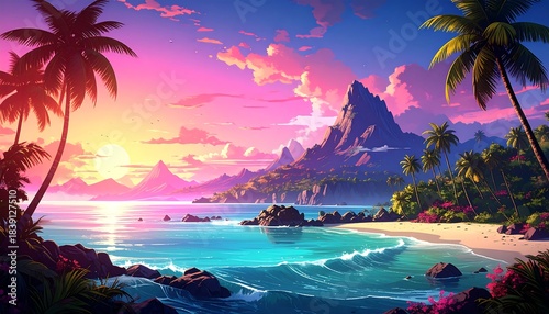 Vibrant, idyllic island beach with pink sunset, palm trees, ocean waves, and lush mountain backdrop