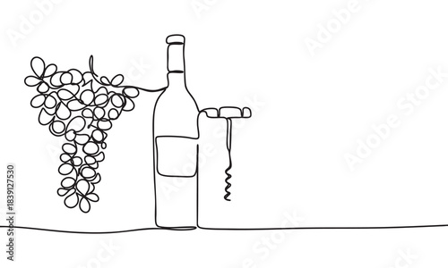 Continuous Line Art of Wine Bottle, Grapes, and Corkscrew