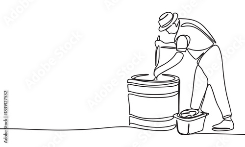 Continuous Line Drawing of a Man Stirring a Barrel
