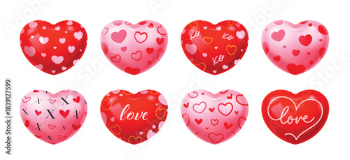 A collection of eight 3D glossy hearts patterned with smaller hearts, love script, and XO or text in red and pink tones. Perfect set of decorative elements for Valentine's Day designs. 