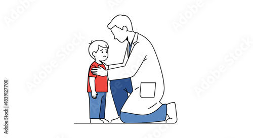 Doctor kneeling and talking to young boy in medical setting  