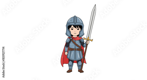 Cartoon boy knight holding sword and wearing armor with cape  