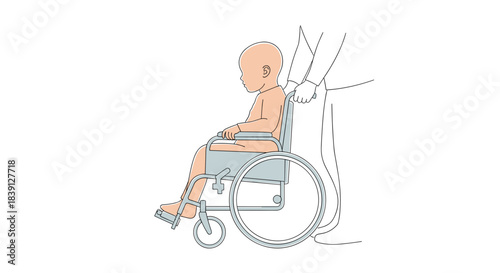 Child in wheelchair being assisted by caregiver in neutral setting  