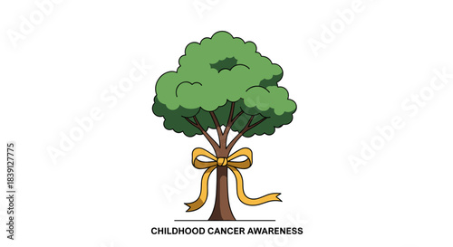 Cartoon tree symbol with yellow ribbon for childhood cancer awareness  