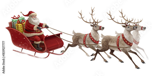 Santa Claus riding in a red sleigh pulled by four reindeer, isolated on transparent background. Traditional Christmas scene with Santa delivering gifts. Festive holiday concept with realistic 3D rende