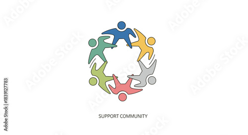 Community support group with diverse figures in colorful circle  