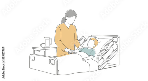 Nurse caring for child patient in hospital bed with medical equipment  