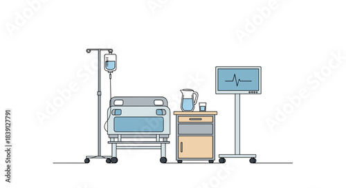 Medical equipment with hospital bed, IV stand, and monitor  