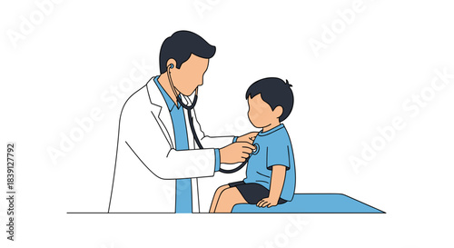 Doctor examining young boy with stethoscope in clinic setting  