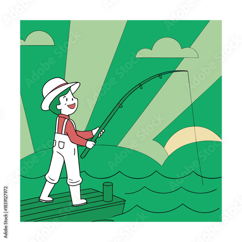 A young boy fishing from a dock, casting his line into the water under a sunny sky, enjoying a peaceful day by the lake or river