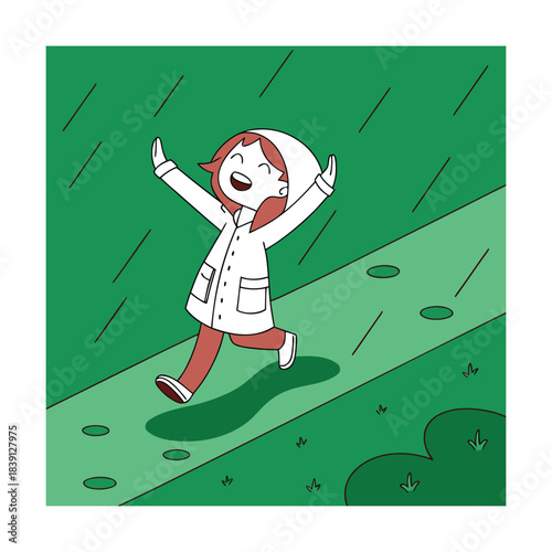 A joyful girl in a raincoat runs through the rain, splashing in puddles and embracing the wet weather with open arms, creating a fun and carefree moment
