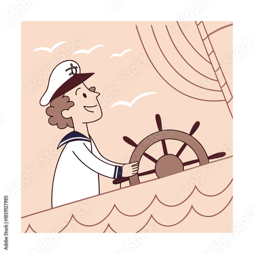 A cheerful sailor steers a ship, looking up with a smile, surrounded by seagulls and nautical elements, creating a whimsical maritime scene
