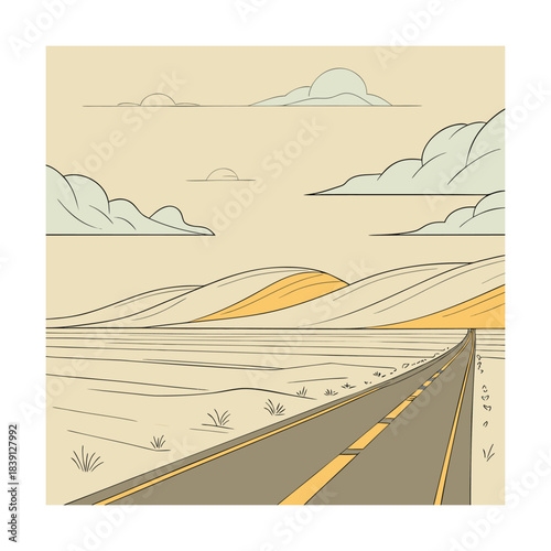 A long, straight road stretches through a desert landscape under a cloudy sky, evoking a sense of adventure and solitude isolated on