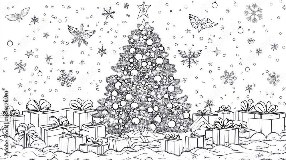 Fototapeta premium Snowy Christmas tree with gifts, angels, and snowflakes; coloring page