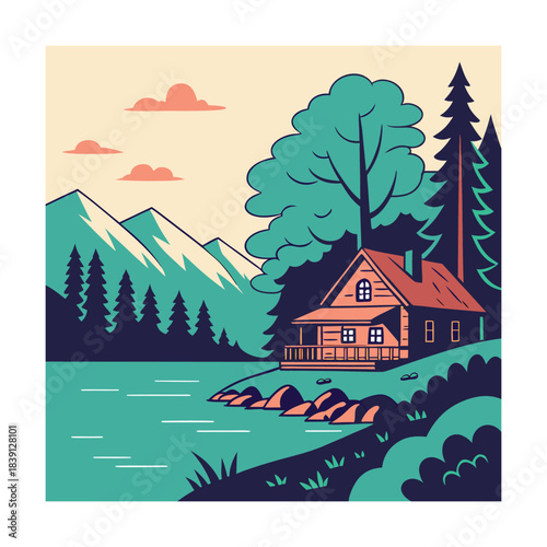 A cozy cabin nestled by a serene lake surrounded by mountains and trees, creating a tranquil and picturesque scene of natures beauty