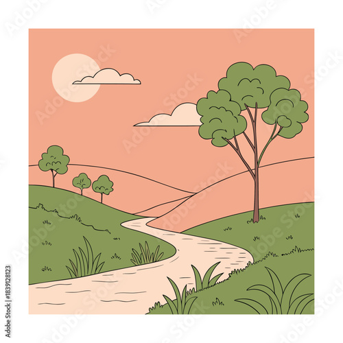 A winding river flows through a lush green landscape under a warm sunset, creating a peaceful and idyllic scene of natures beauty and tranquility