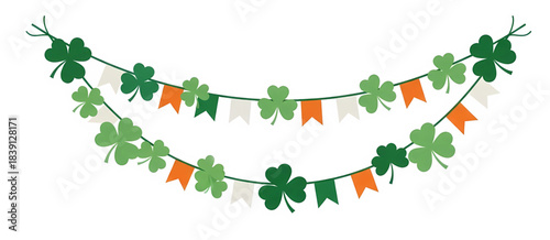 Double strand of festive garland decorations featuring shamrocks and triangular flags in green, white, and orange for St. Patrick's Day.