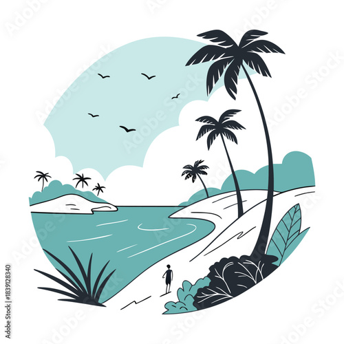 A picturesque coastal scene featuring palm trees, a serene beach, and a distant island, capturing the essence of a tranquil tropical getaway illustration