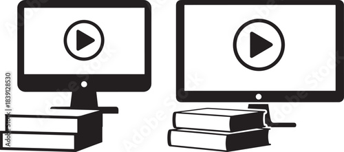 Two computers displaying play buttons with books silhouette