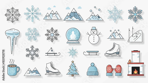 Winter Wonderland Icons: A vibrant collection of hand-drawn winter icons, including snowflakes, mountain, snowman, ice skate, cozy cup, a Christmas tree, and other winter-themed objects.